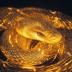 Fototapeta premium Golden Glowing Snake Closeup Photography Of Reptile Wildlife In Nature Photography Style With Detailed Scales And Texture Under Illumination And Macro Photography Focusing On Glowing Scales And