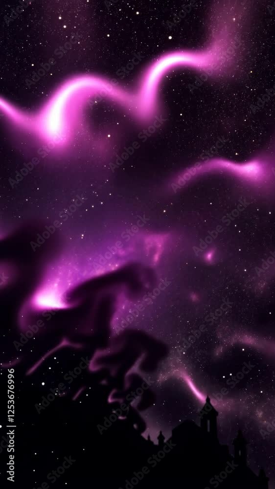Poster the sky is a deep shade of purple, with a large cloud looming in the distance. the stars are scatter