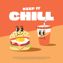 flat design illustration poster. burger and drink character