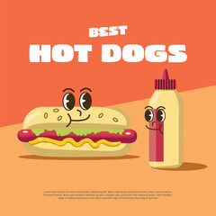 flat design illustration poster of hot dog and ketchup bottle