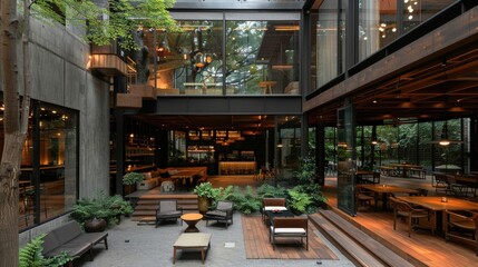 Modern nature-inspired cafe with lush greenery, glass walls, warm wooden accents, open layout, and inviting seating areas blending urban design with tranquility, fostering a relaxing atmosphere.