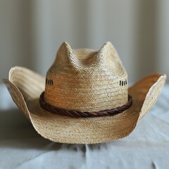 Straw cowboy hat on neutral background, ideal for Western or summer themes