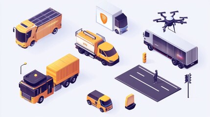 Driverless cars. Future smart vehicles. Unmanned city transport, autonomous truck and drone. Isometric isolated icons