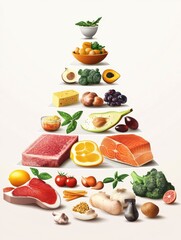 Obraz premium Keto food. Nutrition pyramid, low carb foods. Healthy ketogenic dieting diagram. Vector carbohydrate, protein and fats balance infographic