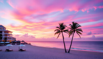 Fototapeta premium beautiful sunset at tropical beach with palm trees, representing paradise, relaxation, vacation, travel, nature, and serene ocean views