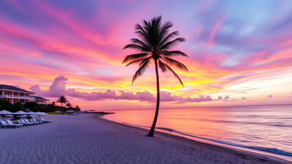 beautiful sunset at tropical beach with palm trees, representing paradise, relaxation, vacation, travel, nature, and serene ocean views