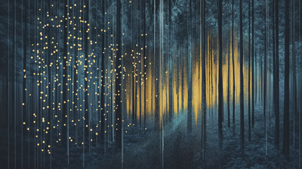 digital cascade of glowing dots flows through dense forest, creating mystical atmosphere. interplay of light and shadow enhances enchanting scene, evoking sense of wonder
