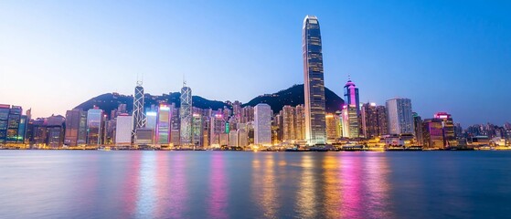 Naklejka premium Hong Kong skyline, dusk, harbor view
