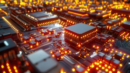 Obraz premium Close-up of illuminated electronic circuit board with glowing lights