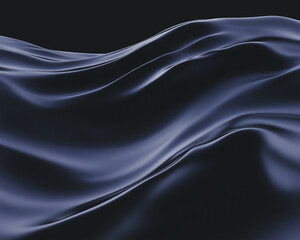 Obraz premium Ondulations bleu marine sur fond noir rappelant des mouvements de vague, l'écume ou un tissu liquide comme de la soie précieuse, arrière-plan pour publicité ou création graphique