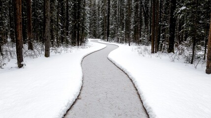 Winding snow path, winter forest, tranquil scene, nature travel