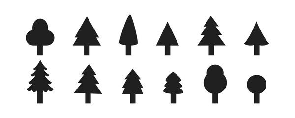 A collection of tree silhouettes in various shapes and sizes. Landscape illustrations. various christmas tree silhouette on the white background.