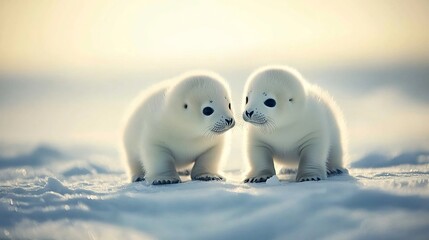 Two adorable white seal pups standing close together on a snowy landscape with a bright sky