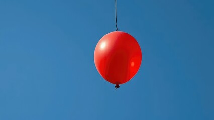 Obraz premium Deflated red balloon suspended in mid-air on a thin black thread, deflated balloon, isolation