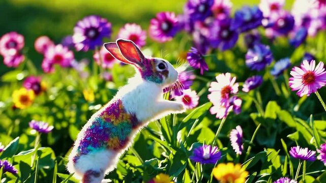 Happy Easter bunny sparkling in spring nature. colorful rabbit. Sparkle glitter texture. Happy easter rabbit in nature