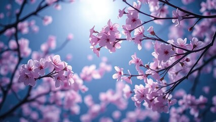 Delicate cherry blossoms sway in a breeze amidst a shimmering veil of moonlight, whimsical, dreamy, soft