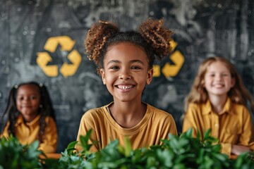 Smiling children in classroom focused on recycling, with green background recycle symbols, showing excitement for environmental education. Engaged students promoting sustainable practices for future.