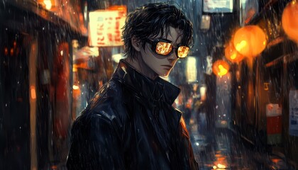 Obraz premium Man with glasses stands in the rain in a city