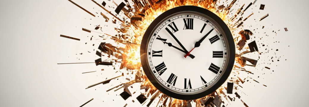 A clock face bursts apart with explosive power, creating a dramatic visual effect. Fragments scatter in various directions, emphasizing the intensity of the explosion