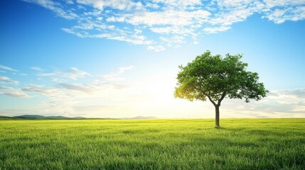 Obraz premium Serene meadow landscape, a lone tree in field of green grass under vast blue sky
