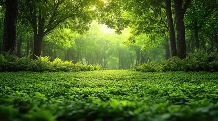 Obraz premium Lush green forest with dense foliage and sunlight filtering through the trees.