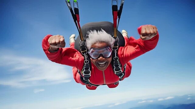 Senior skydiver displays excitement and joy while freefalling through the blue sky, creating an inspiring moment of adventure and freedom