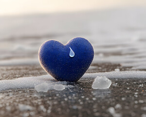 Fototapeta premium surreal scene of sad blue heart with tear on cold surface