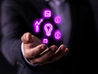 A business professional presenting innovative ideas with glowing icons in hand symbolizing technology and finance.