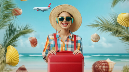 Woman in sunglasses with red suitcase. Vacation banner
