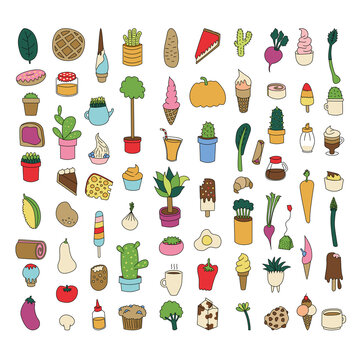 Cute Icon Set Featuring Plants, Food, Drinks, Vegetables, and Fruits