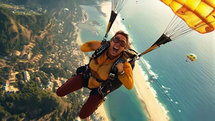 Paraglider enjoys a thrilling flight, celebrating with raised arms and a joyful expression, soaring above a picturesque coastal town with sandy beaches and a vast ocean.