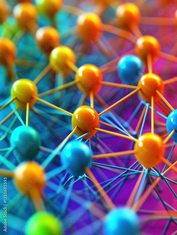 Poster 3d social networking colorful nodes background, interconnected by lines to form a grid structure, in