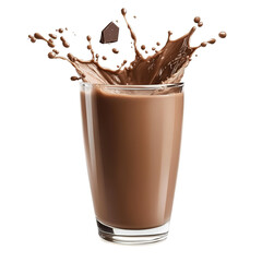 Pouring chocolate milk from bottle into glass with splashing., Isolated on white background.
