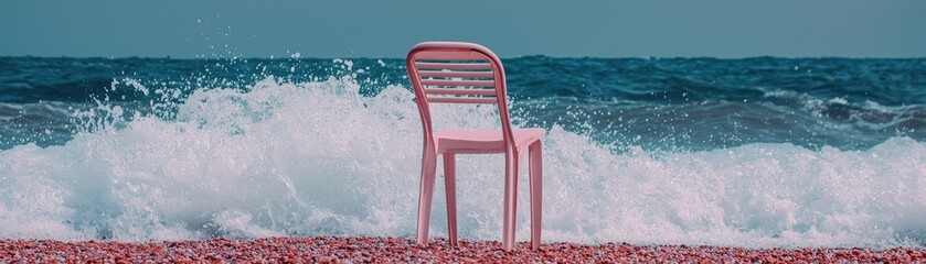 Pink chair on beach, waves crashing. Peaceful scene. Potential stock photo