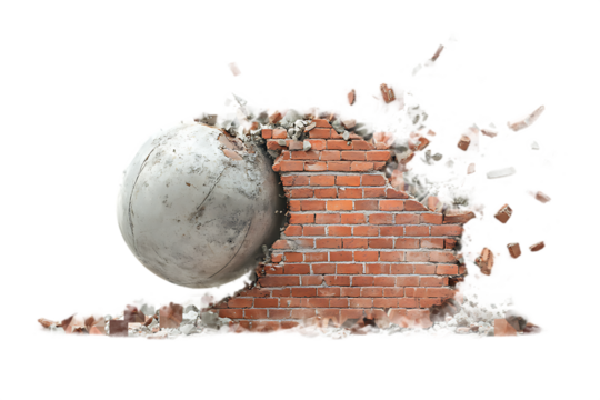 Concrete Sphere Demolishing Brick Wall - Destruction, Breakthrough, Power Concept