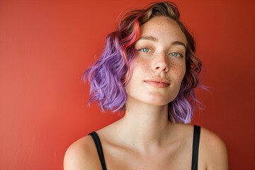 A young woman with vibrant purple and red hair poses confidently against a bold red background. trending style, makeup variations