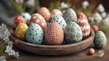 Fototapeta premium Colorful painted easter eggs in wooden bowl surrounded by spring blossoms