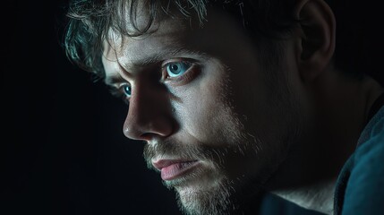 Closeup Portrait Of A Person With Textured Face In Low Light.Keywords portrait, person, face, close