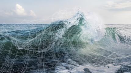 dynamic close up of ocean wave with digital lines overlaying water, capturing energy and motion of sea. sky is partly cloudy, adding depth to scene