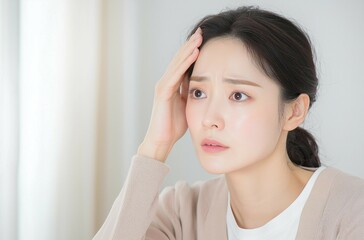 Fototapeta premium Woman Experiencing Headache Holding Her Forehead in Pain