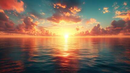 Fototapeta premium Vibrant ocean sunset with dramatic clouds and reflective waters