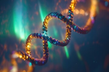 A mesmerizing 3D rendering of a DNA double helix, glowing with vibrant, cosmic energy.