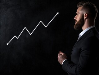 A confident man in a suit observes a rising graph, symbolizing success and growth in the business world.