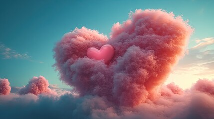 A whimsical, heart-shaped cloud filled with soft pink and blue swirls floats against a vibrant sky,
