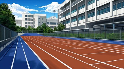Anime school track, sunny day, city background, outdoor scene, for educational or sport themed design