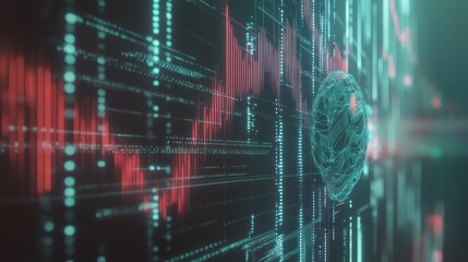 Futuristic digital data visualization with glowing lines and a translucent sphere.