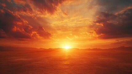 Fototapeta premium Breathtaking Sunrise over Calm Ocean with Majestic Mountains in the Background and Dramatic Clouds in a Vibrant Color Palette