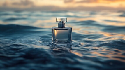 A luxury perfume bottle captured in a still frame, surrounded by dynamic water waves that create a sense of motion and energy. 
