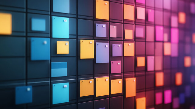 Colorful square panels arranged in grid pattern create vibrant and modern design. interplay of colors like blue, orange, and purple adds dynamic visual appeal, perfect for creative projects