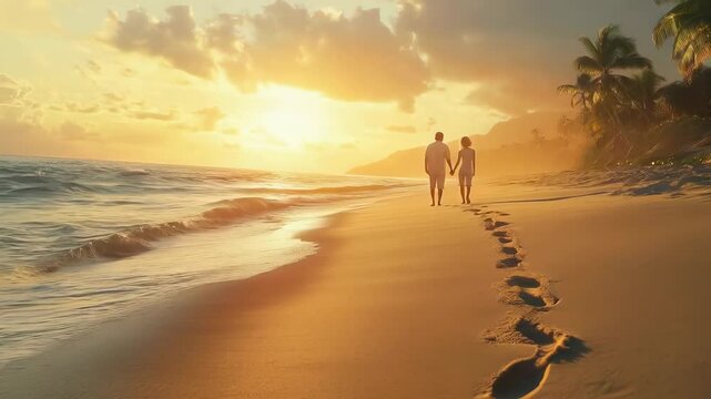 Golden sunset illuminates loving couple holding hands, walking along tropical beach, leaving footprints in the sand, enjoying romantic getaway.